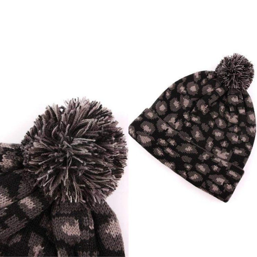 Leopard Pom Beanie Knit Winter Hat (Black)